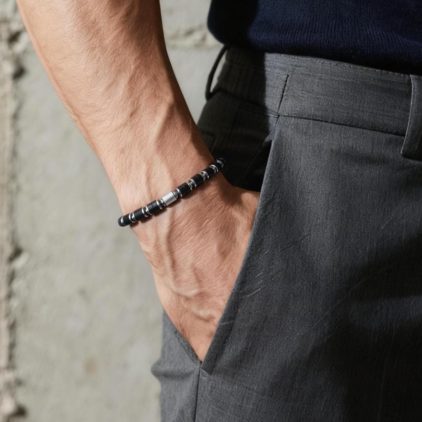 Black Onyx Bracelet 6mm: Silver Plated Spacer, Stainless Steel Accent, for Protection & Grounding, Spiritual Healing Gemstone Gift for Him __etsy:7379510886