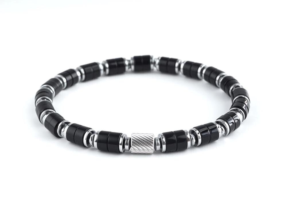 Black Onyx Bracelet 6mm: Silver Plated Spacer, Stainless Steel Accent, for Protection & Grounding, Spiritual Healing Gemstone Gift for Him __etsy:7364874915