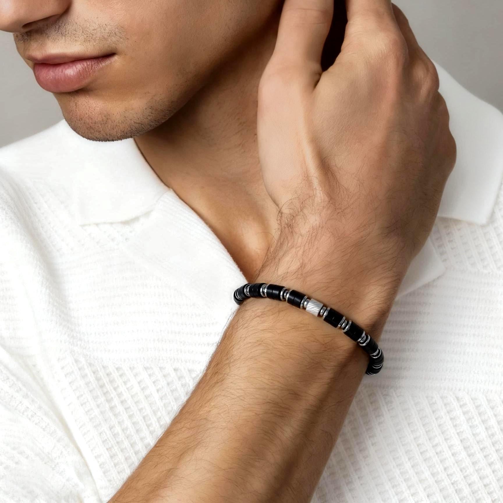 Black Onyx Bracelet 6mm: Silver Plated Spacer, Stainless Steel Accent, for Protection & Grounding, Spiritual Healing Gemstone Gift for Him __etsy:7342748604