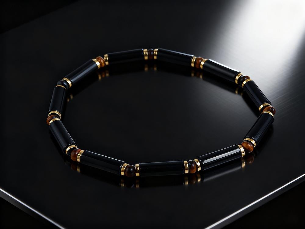 Black Onyx Tube Bracelet: Natural AAA Tiger's Eye & Gold Plated Spacer; for Protection, Grounding, Spiritual Healing, Gemstone Gift for Him __etsy:7356203657