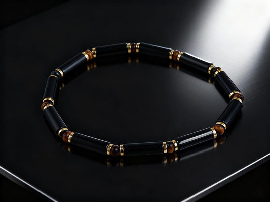 Black Onyx Tube Bracelet: Natural AAA Tiger's Eye & Gold Plated Spacer; for Protection, Grounding, Spiritual Healing, Gemstone Gift for Him __etsy:7356203657
