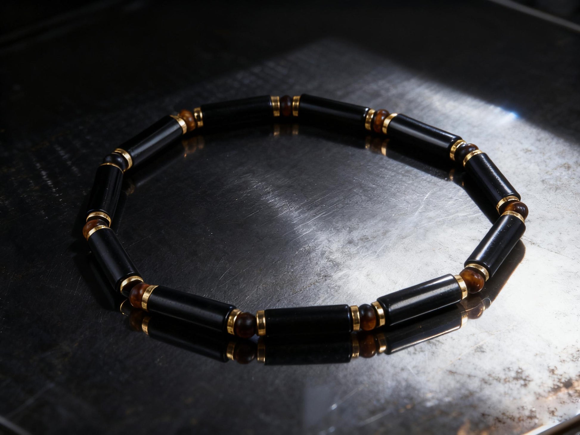 Black Onyx Tube Bracelet: Natural AAA Tiger's Eye & Gold Plated Spacer; for Protection, Grounding, Spiritual Healing, Gemstone Gift for Him __etsy:7377228641