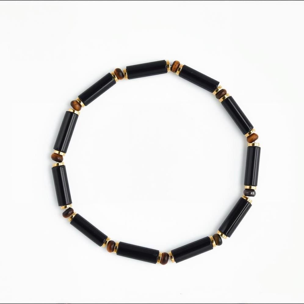 Black Onyx Tube Bracelet: Natural AAA Tiger's Eye & Gold Plated Spacer; for Protection, Grounding, Spiritual Healing, Gemstone Gift for Him __etsy:7180685222