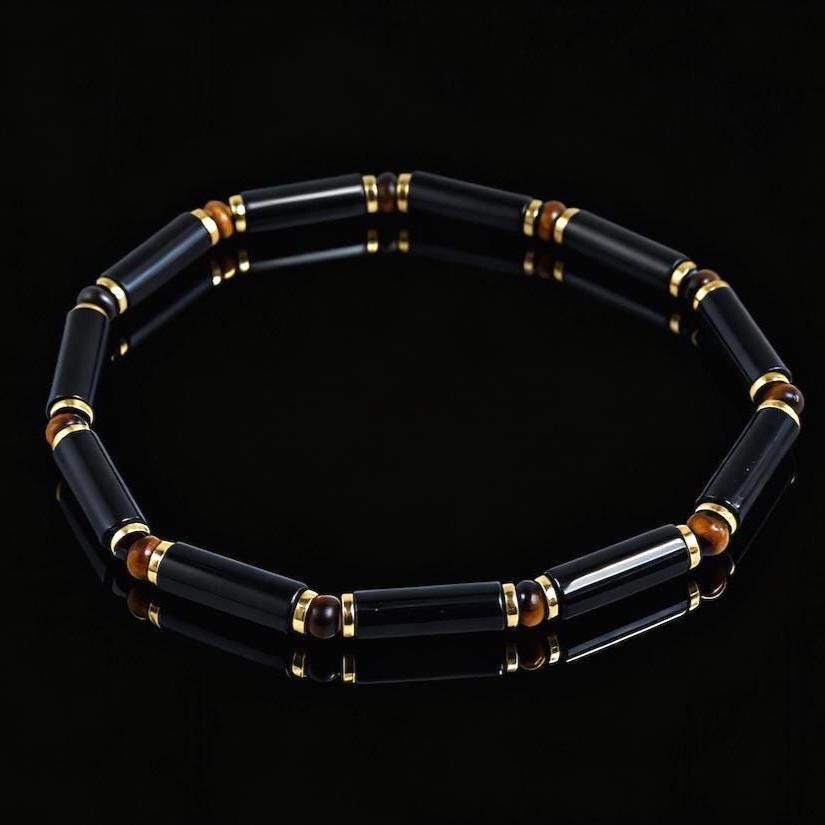 Black Onyx Tube Bracelet: Natural AAA Tiger's Eye & Gold Plated Spacer; for Protection, Grounding, Spiritual Healing, Gemstone Gift for Him __etsy:7308243436