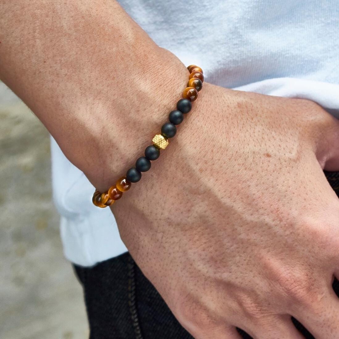 Global Voyager Bracelet: Natural AAA Tiger's Eye & Matte Black Onyx Beads, Men's Protection Jewelry, Gold Plated Accent, Tarnish Resistant __etsy:6963757366