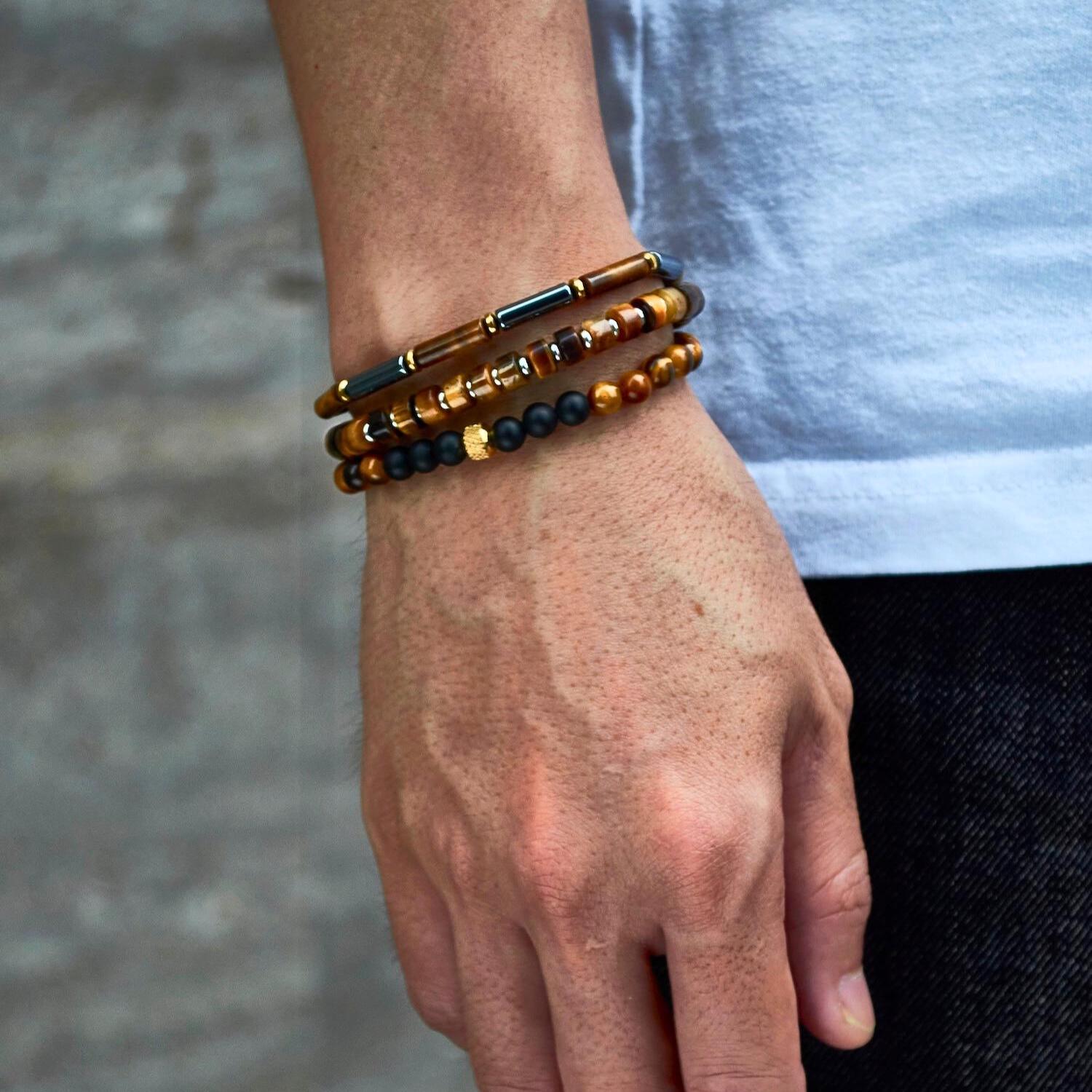Global Voyager Bracelet: Natural AAA Tiger's Eye & Matte Black Onyx Beads, Men's Protection Jewelry, Gold Plated Accent, Tarnish Resistant __etsy:7193719173