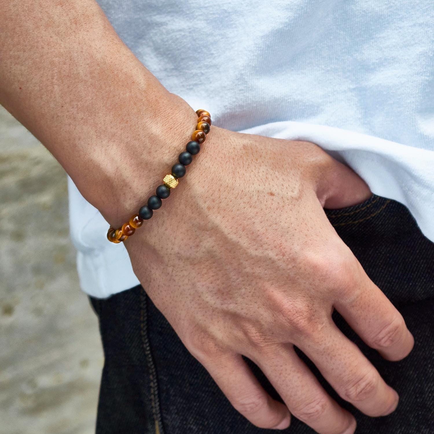 Global Voyager Bracelet: Natural AAA Tiger's Eye & Matte Black Onyx Beads, Men's Protection Jewelry, Gold Plated Accent, Tarnish Resistant __etsy:8014617281