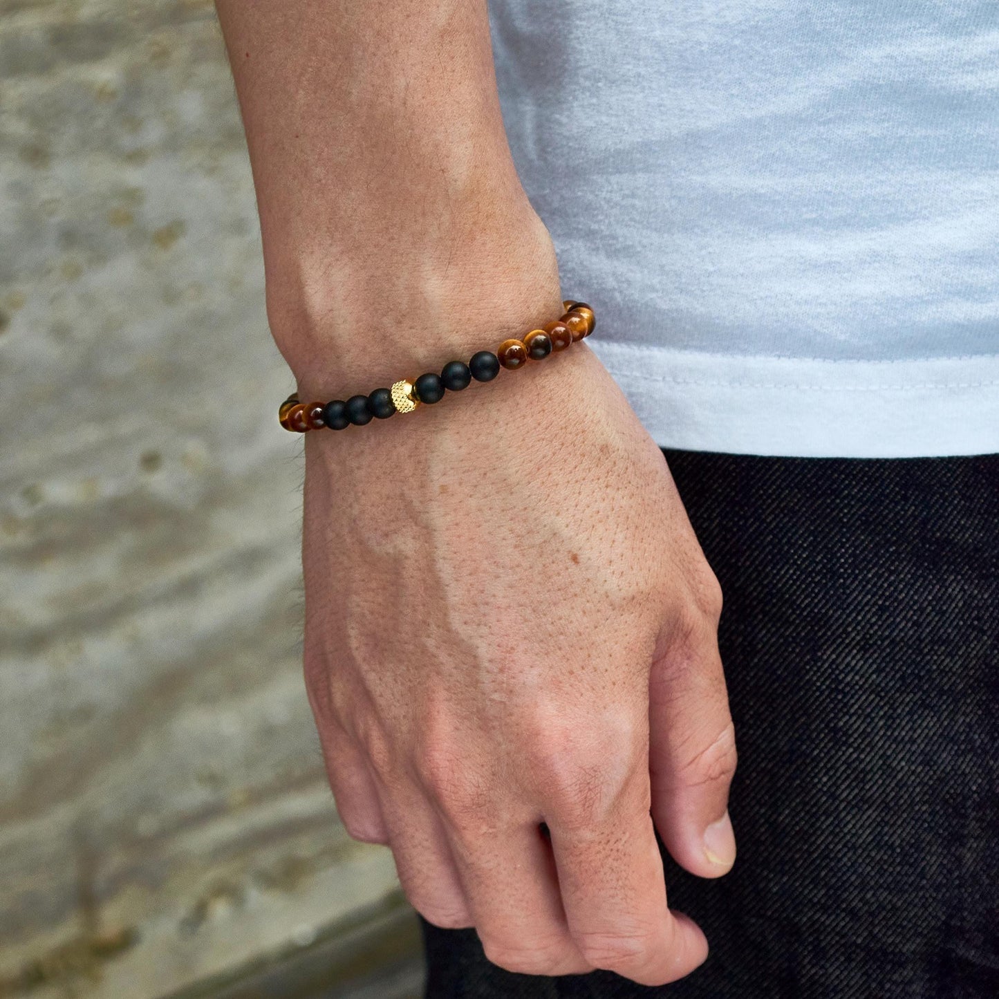 Global Voyager Bracelet: Natural AAA Tiger's Eye & Matte Black Onyx Beads, Men's Protection Jewelry, Gold Plated Accent, Tarnish Resistant __etsy:7966661430