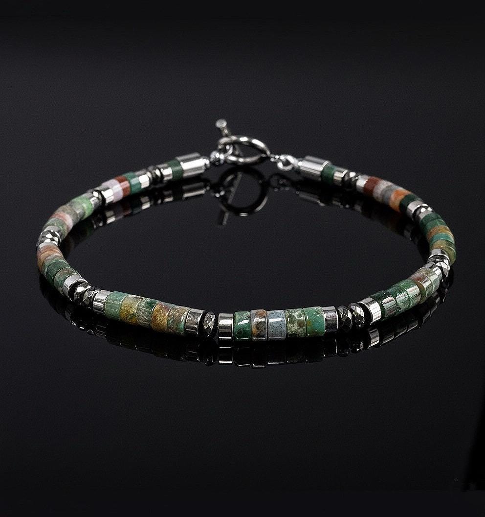 Indian Agate Silver Hematite Bracelet: Natural Gemstone Healing Jewelry, Powerful, Mens, Gift for Him, Gift for Her __etsy:7328737239