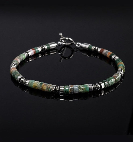 Indian Agate Silver Hematite Bracelet: Natural Gemstone Healing Jewelry, Powerful, Mens, Gift for Him, Gift for Her __etsy:7328737239