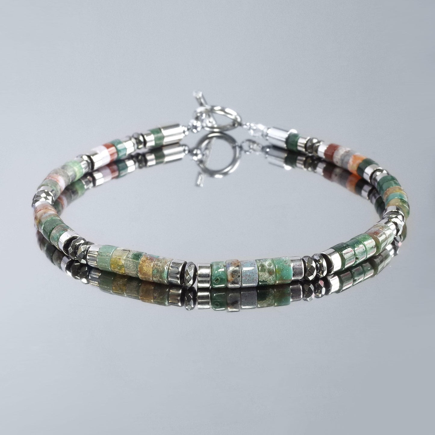 Indian Agate Silver Hematite Bracelet: Natural Gemstone Healing Jewelry, Powerful, Mens, Gift for Him, Gift for Her __etsy:6823854445