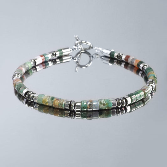 Indian Agate Silver Hematite Bracelet: Natural Gemstone Healing Jewelry, Powerful, Mens, Gift for Him, Gift for Her __etsy:6823854445