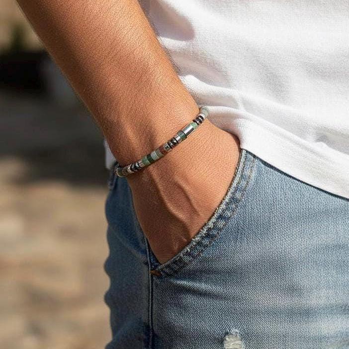 Indian Agate Silver Hematite Bracelet: Natural Gemstone Healing Jewelry, Powerful, Mens, Gift for Him, Gift for Her __etsy:7262527014