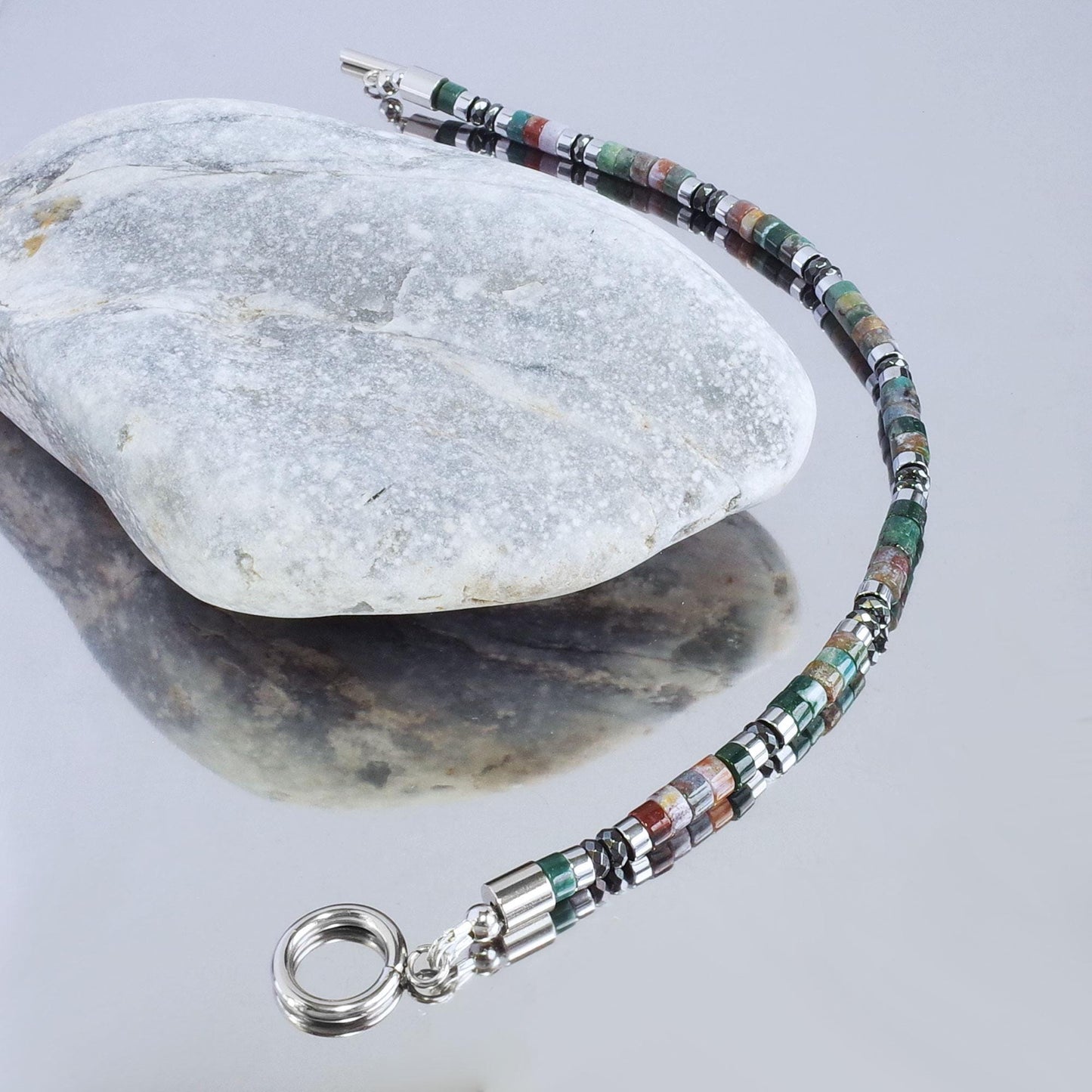 Indian Agate Silver Hematite Bracelet: Natural Gemstone Healing Jewelry, Powerful, Mens, Gift for Him, Gift for Her __etsy:6775853964