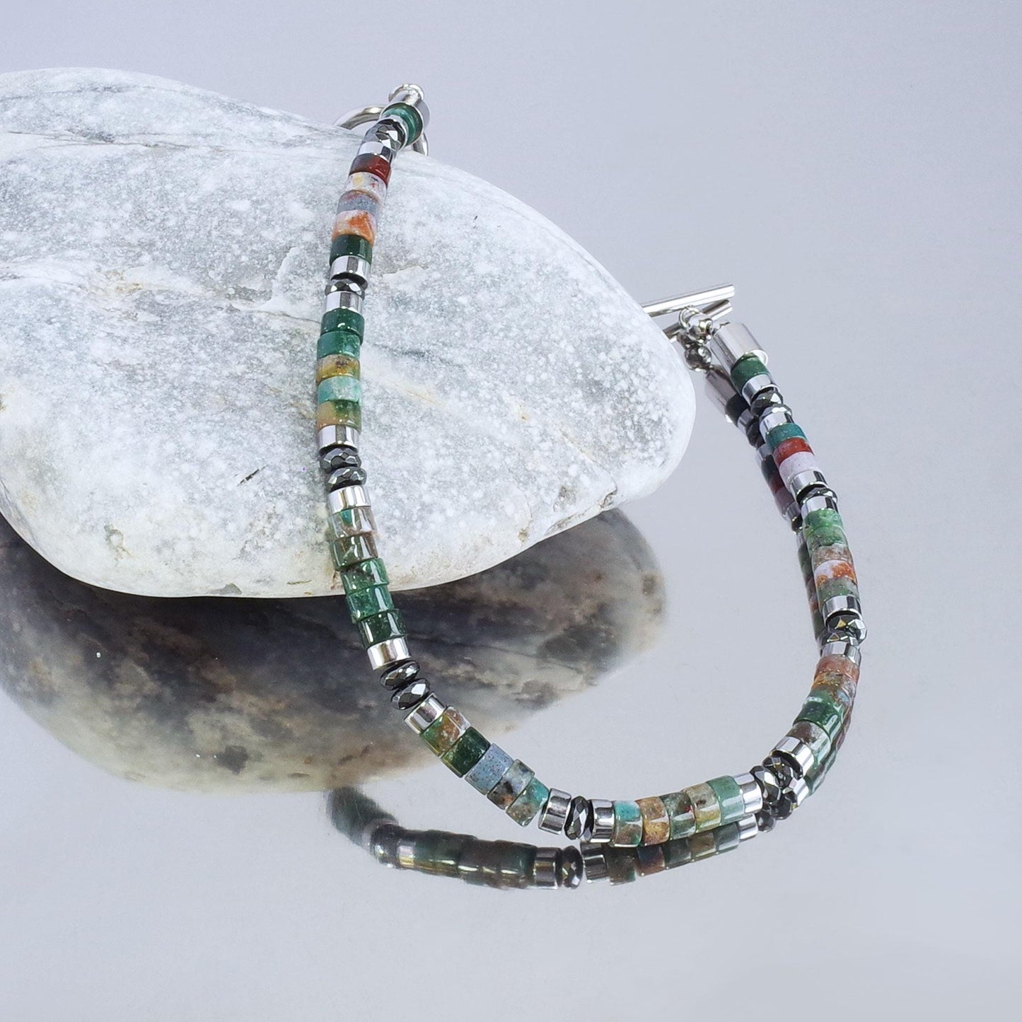 Indian Agate Silver Hematite Bracelet: Natural Gemstone Healing Jewelry, Powerful, Mens, Gift for Him, Gift for Her __etsy:6823879033