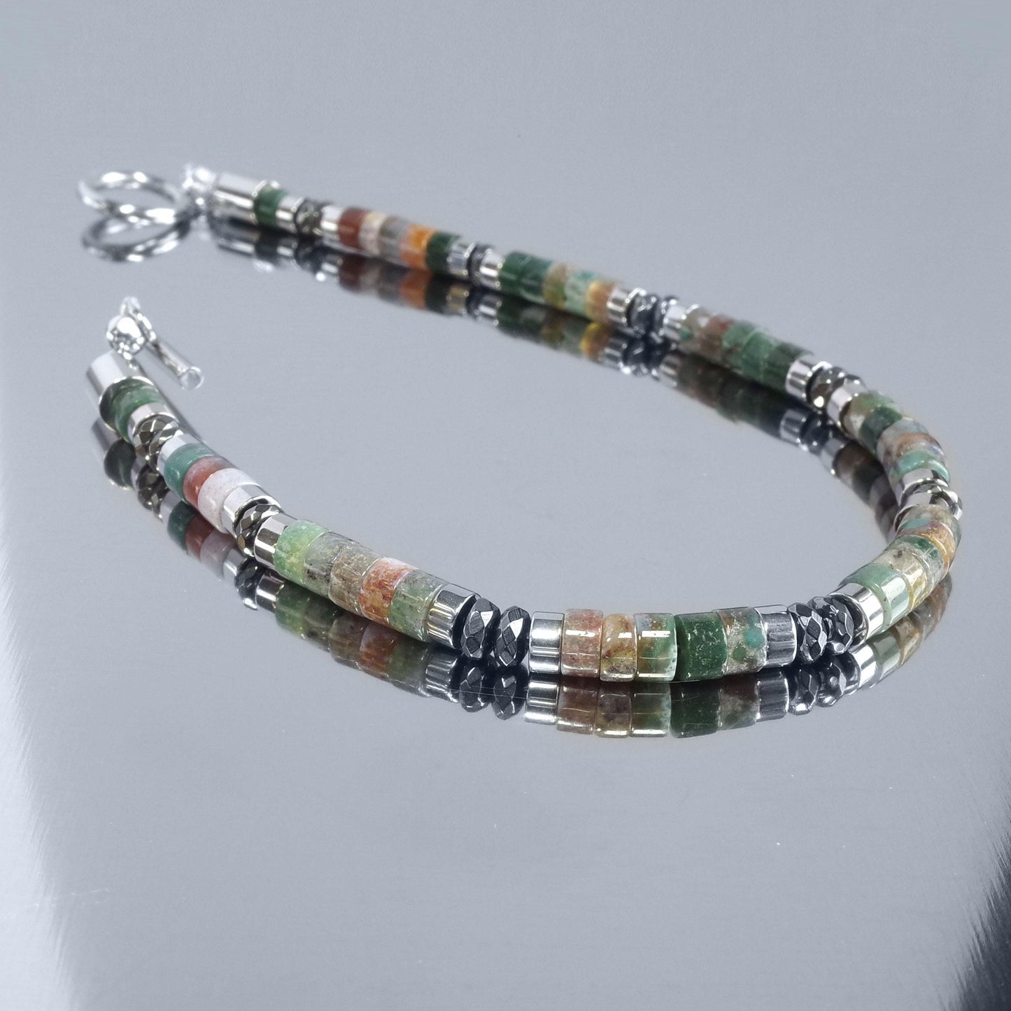 Indian Agate Silver Hematite Bracelet: Natural Gemstone Healing Jewelry, Powerful, Mens, Gift for Him, Gift for Her __etsy:6771978052