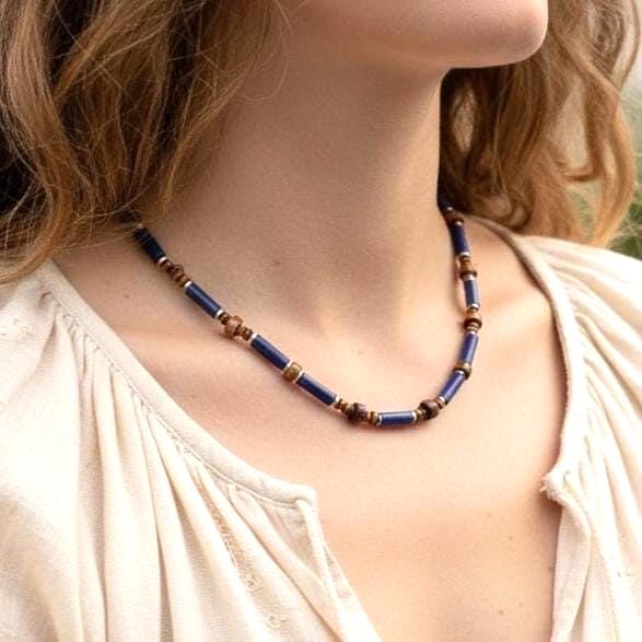 Lapis Lazuli Tiger Eye Tube Necklace: Minimalist Gemstone Boho Jewelry, Protection Jewelry, Spiritual, Healing, Powerful, Mens, Gift for Him __etsy:7253795941