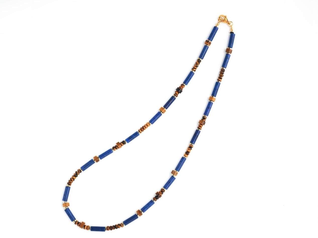Lapis Lazuli Tiger Eye Tube Necklace: Minimalist Gemstone Boho Jewelry, Protection Jewelry, Spiritual, Healing, Powerful, Mens, Gift for Him __etsy:7205820076