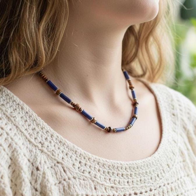 Lapis Lazuli Tiger Eye Tube Necklace: Minimalist Gemstone Boho Jewelry, Protection Jewelry, Spiritual, Healing, Powerful, Mens, Gift for Him __etsy:7205815590