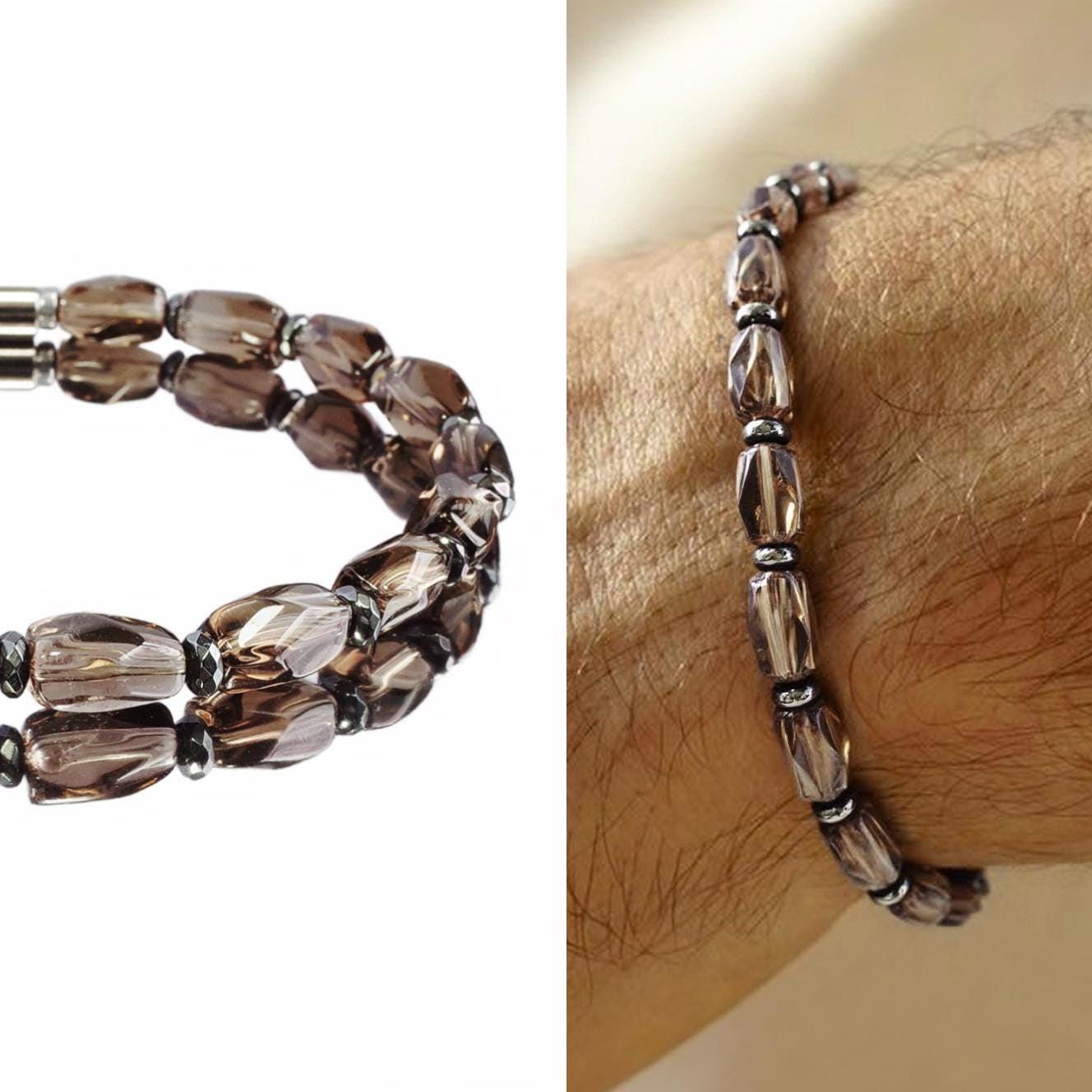 Natural AAA Smoky Quartz & Hematite Bracelet : Men's Healing Crystal Jewelry, Meditation, Powerful, Gift for Him __etsy:7143910470
