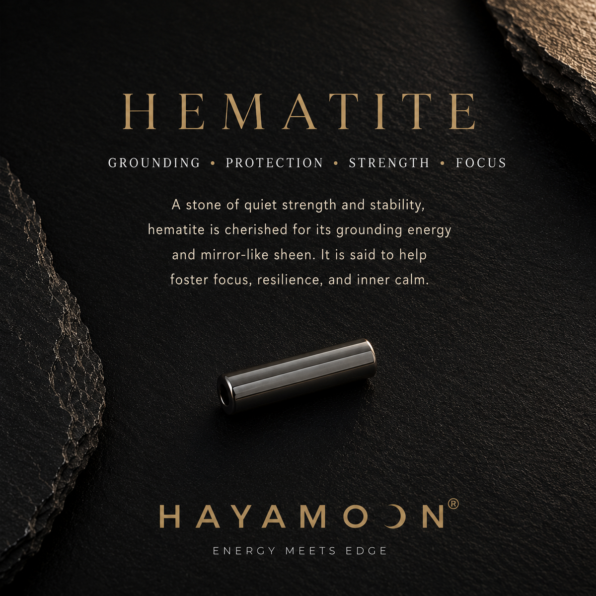 Hematite tube bead card with HEMATITE text