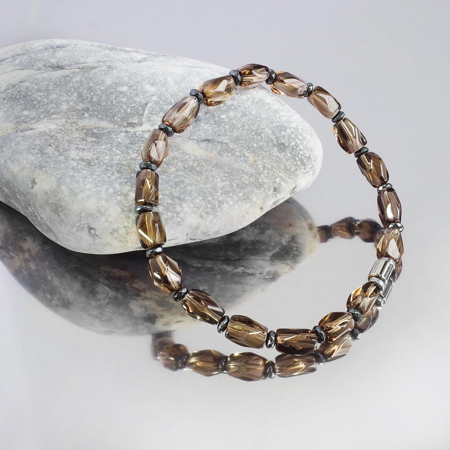 AAA Natural Smoky Quartz & Silver Plated Hematite Bracelet
