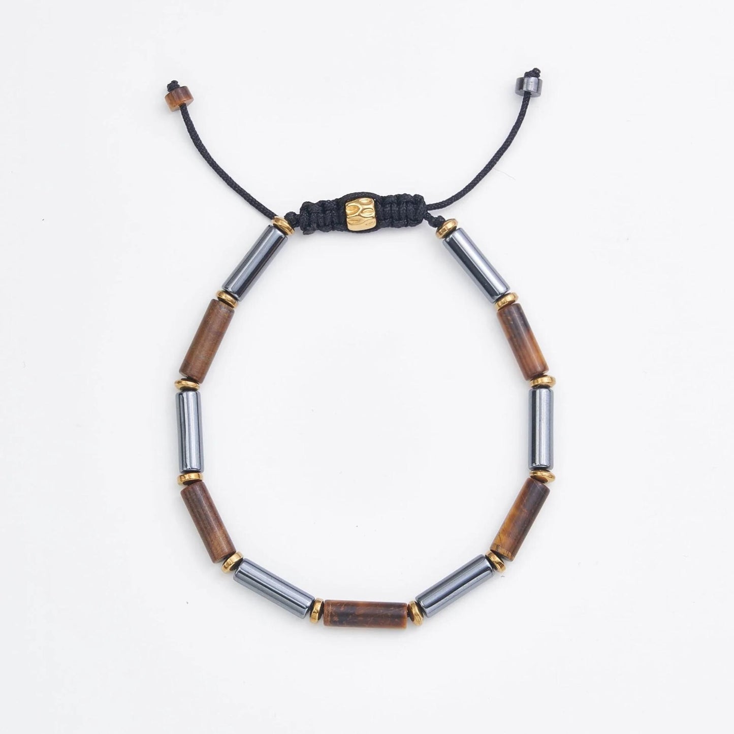 Tiger Eye Hematite Tube Beads Adjustable Braided Bracelet