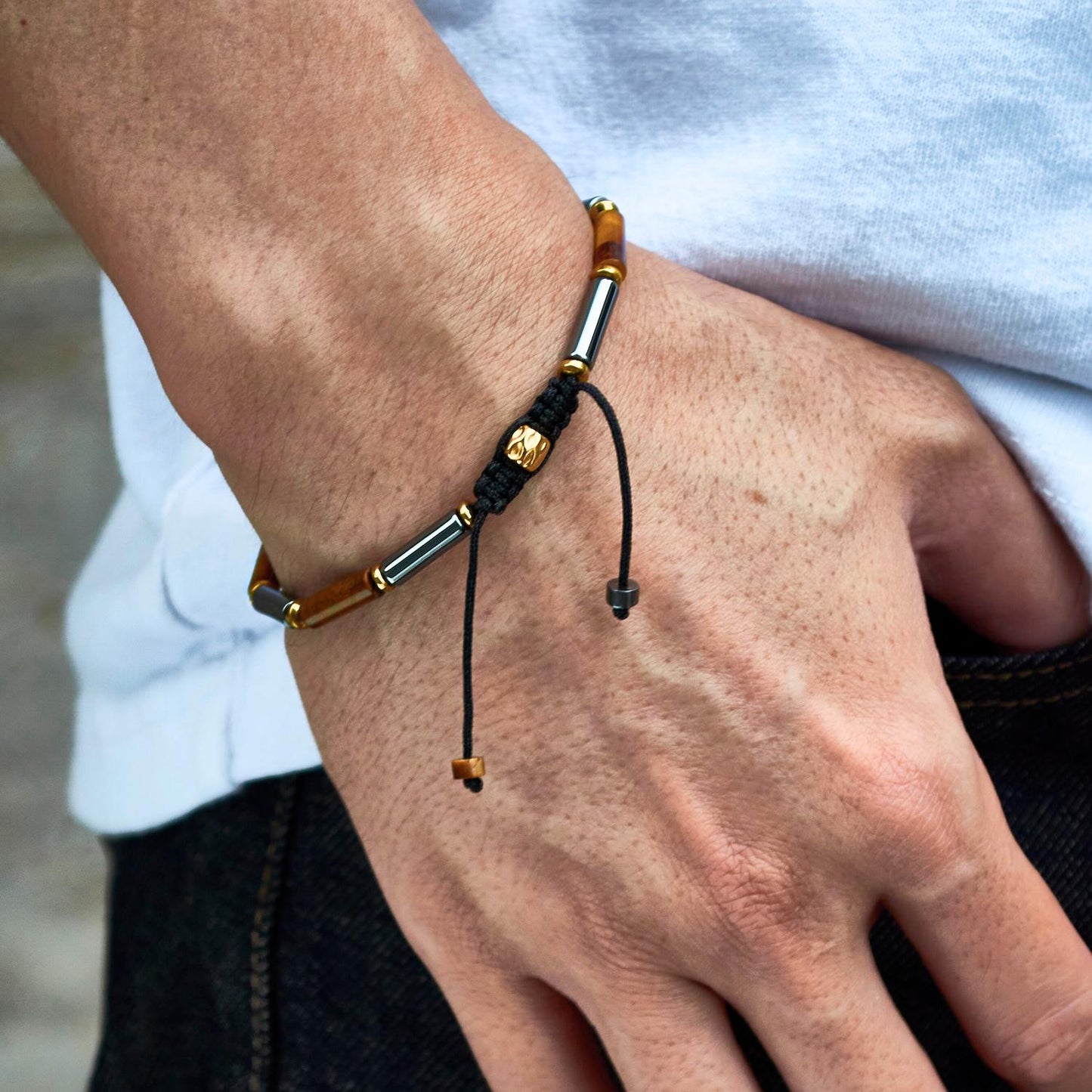 Tiger Eye Hematite Tube Beads Adjustable Braided Bracelet