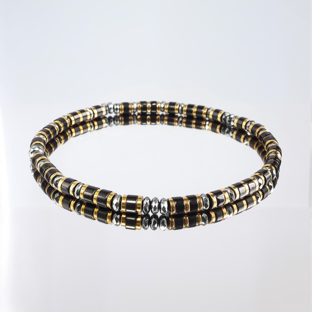 Dainty Black Agate & Gold Plated Hematite Stretch Bracelet