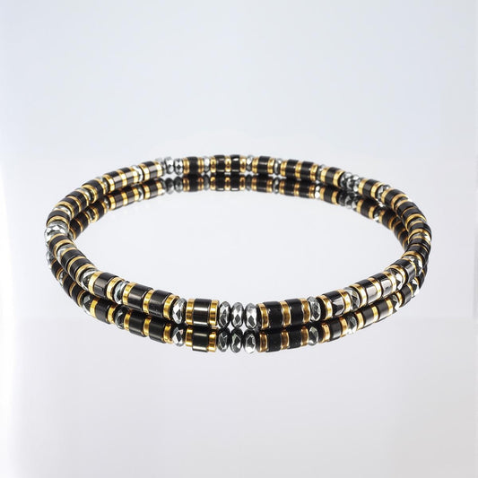Dainty Black Agate & Gold Plated Hematite Stretch Bracelet