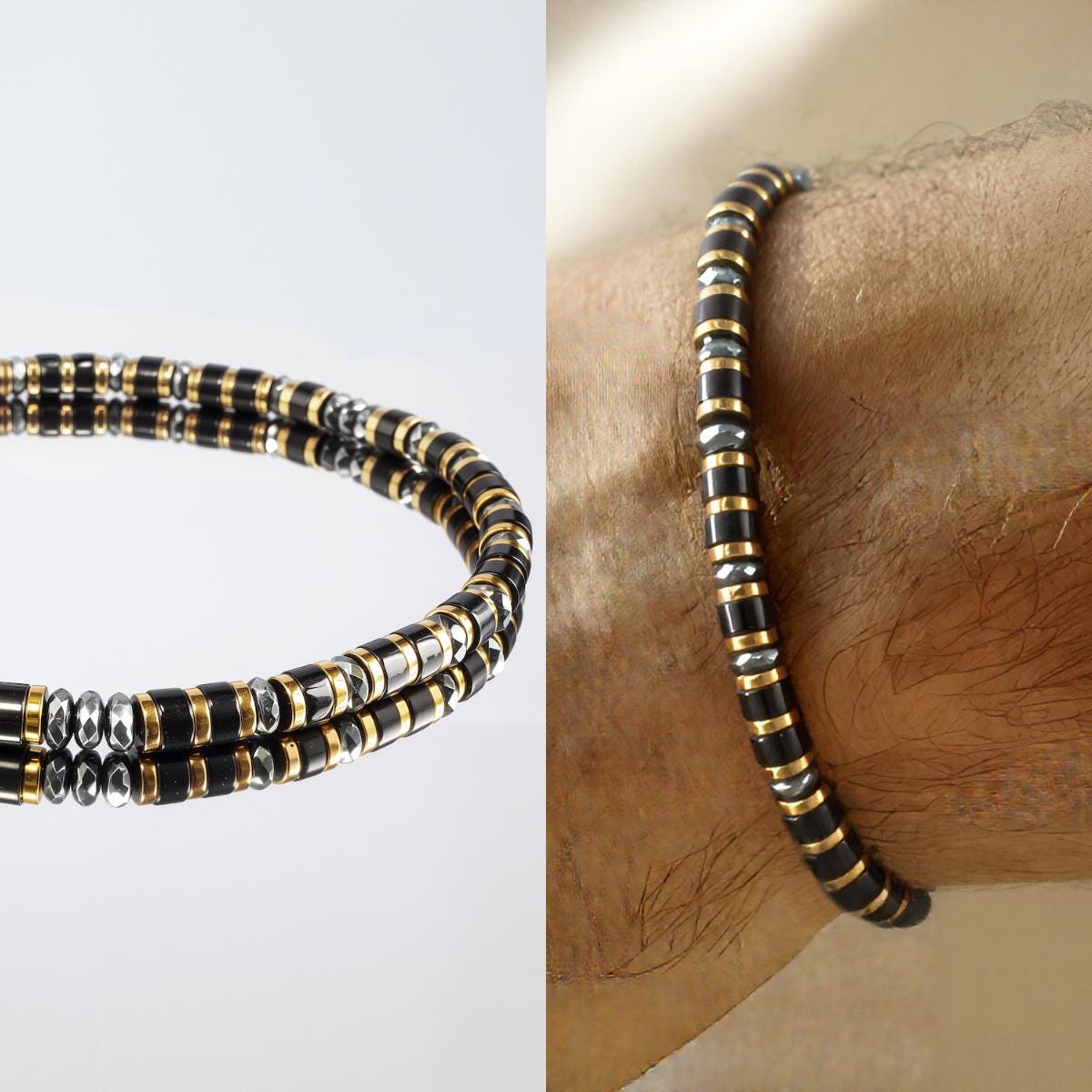 Dainty Black Agate & Gold Plated Hematite Stretch Bracelet