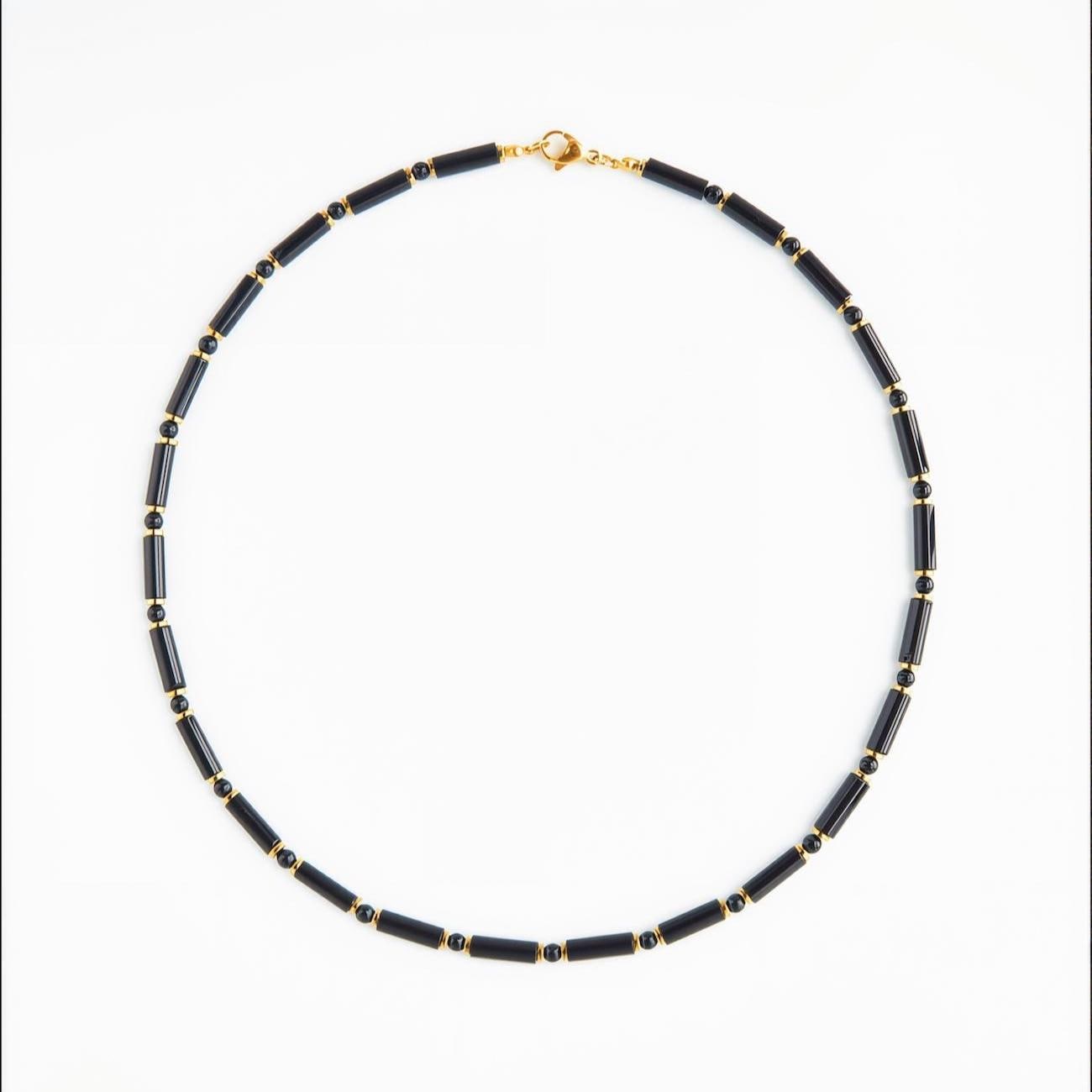Black Onyx Tube, Tiger's Eye & Gold Plated Hematite Necklace