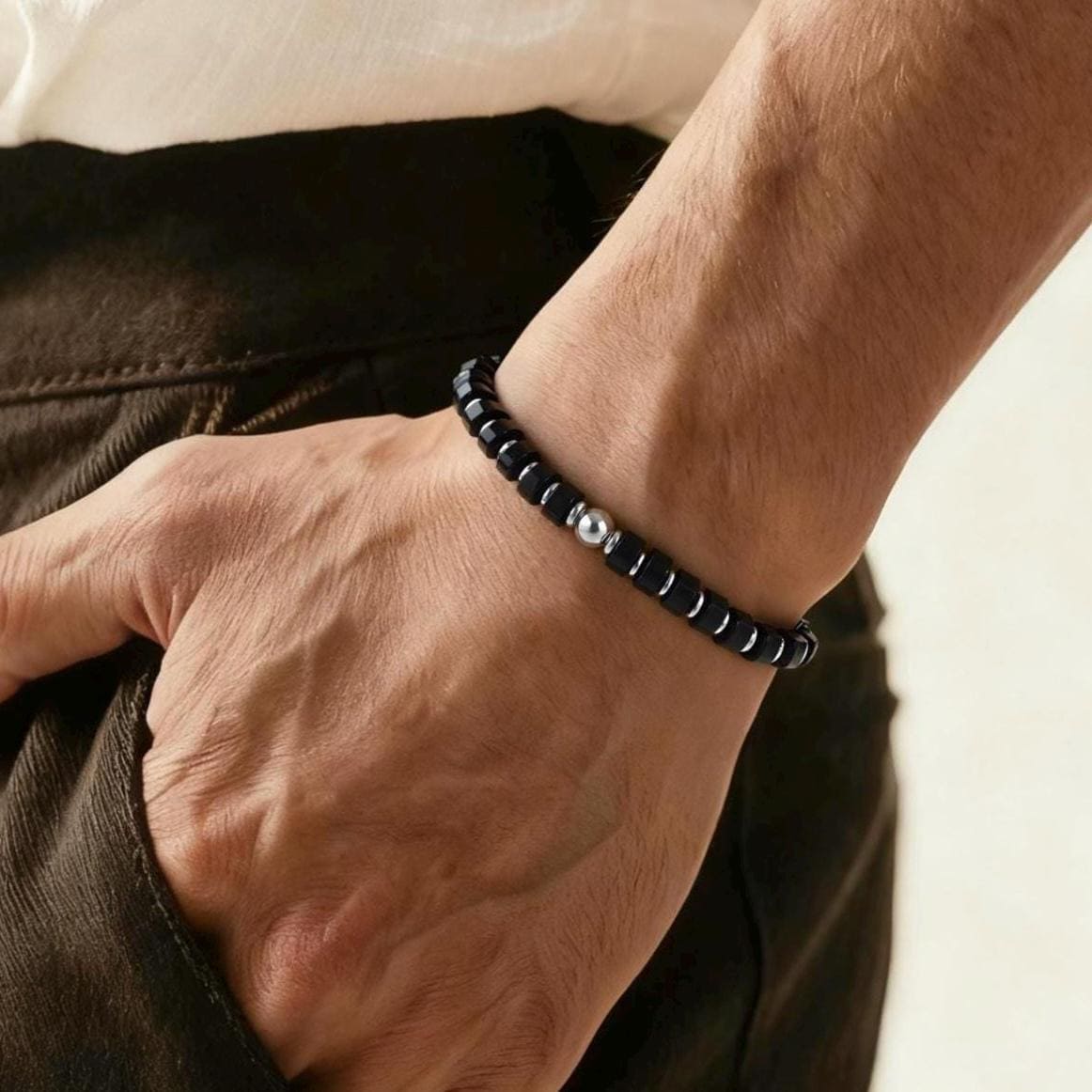 Globe Voyager Black Onyx Silver Plated Stretch Bracelet 6mm