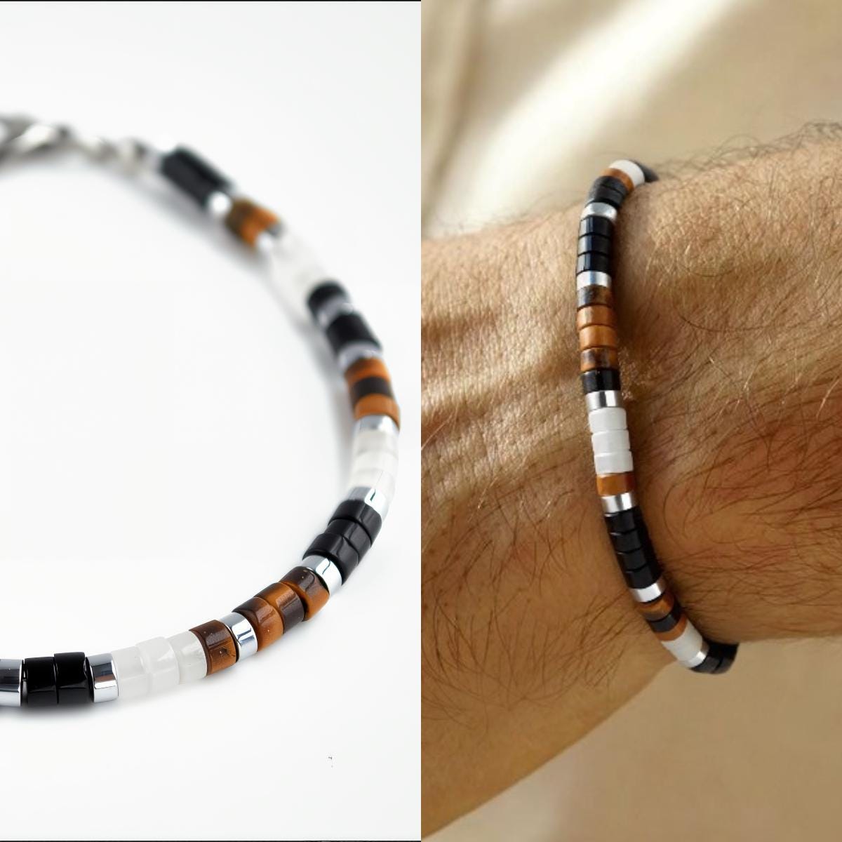 Tiger Eye, Black and White Onyx Dainty Bracelet