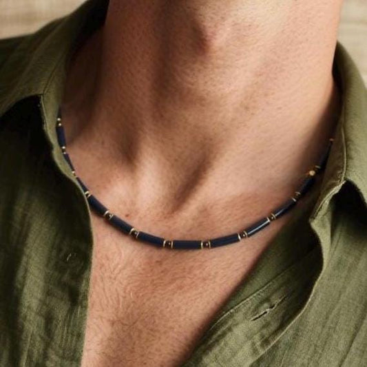 Black Onyx Tube, Tiger's Eye & Gold Plated Hematite Necklace