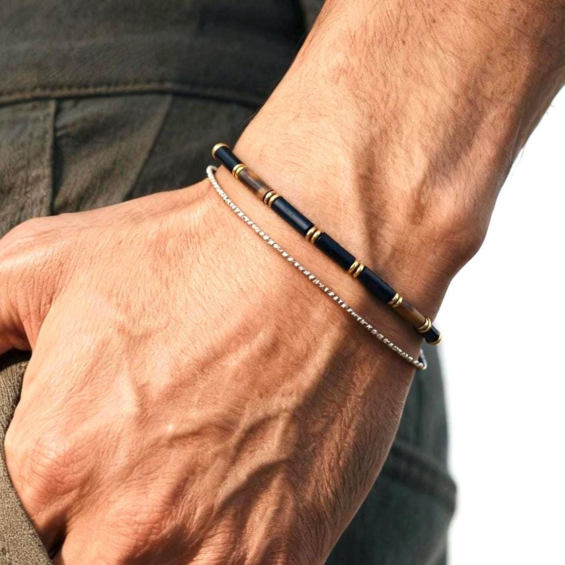 Tiger Eye & Black Onyx Tube Bracelet