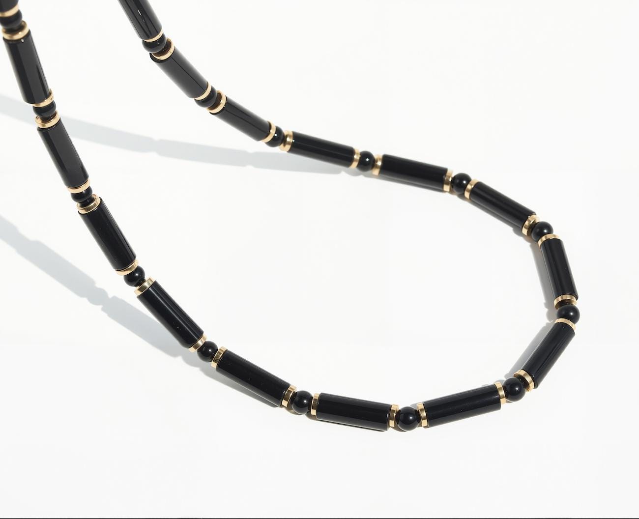 Black Onyx Tube, Tiger's Eye & Gold Plated Hematite Necklace