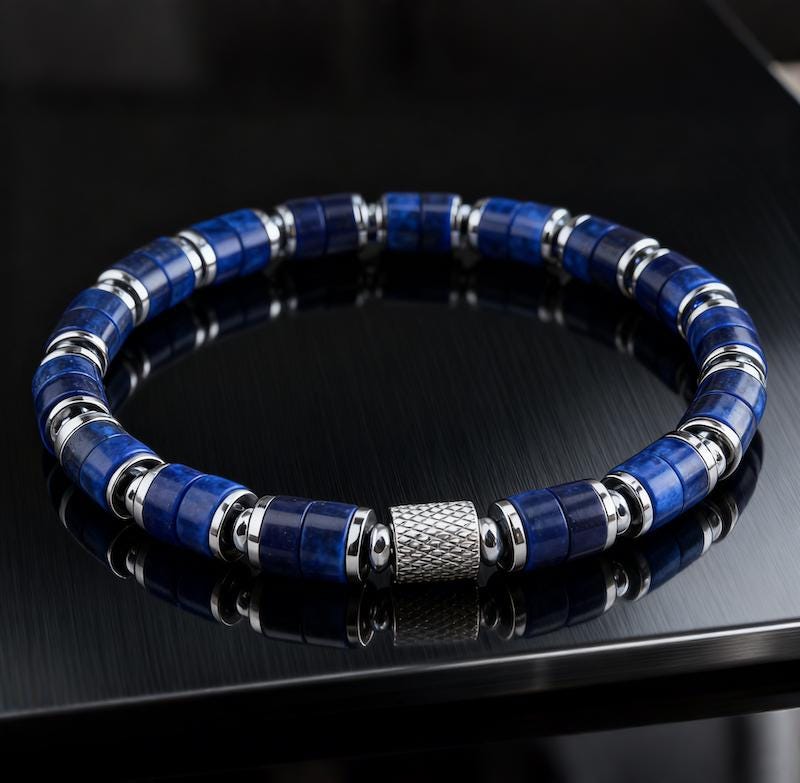 Fortress Cross Lapis Lazuli Silver Plated Stretch Bracelet 6mm