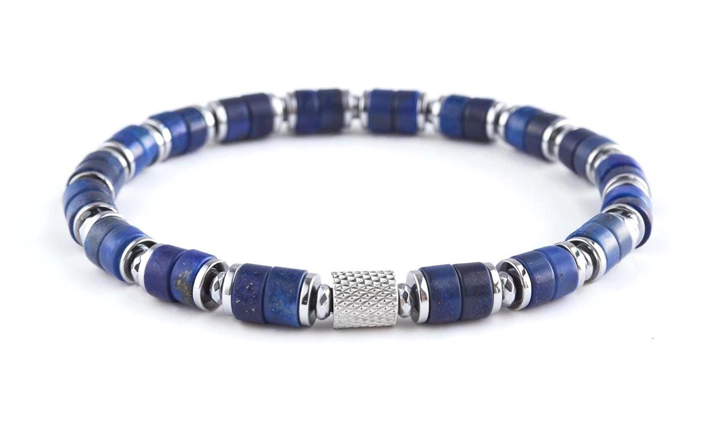 Fortress Cross Lapis Lazuli Silver Plated Stretch Bracelet 6mm