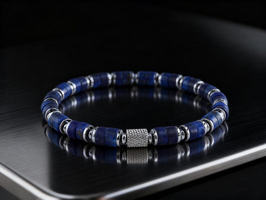Fortress Cross Lapis Lazuli Silver Plated Stretch Bracelet 6mm