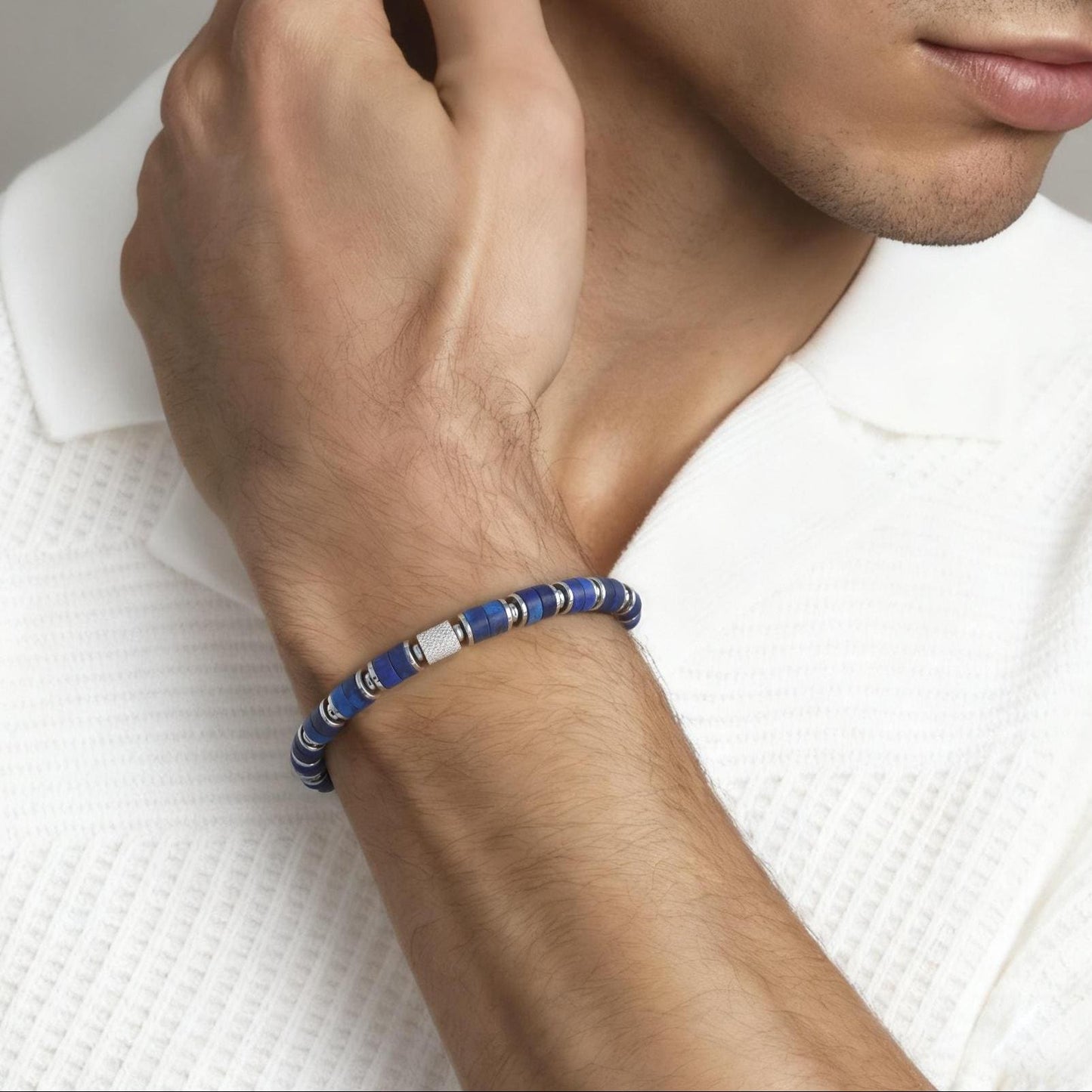 Fortress Cross Lapis Lazuli Silver Plated Stretch Bracelet 6mm