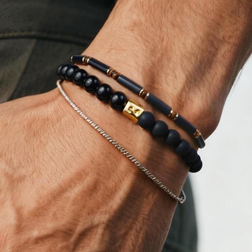 Black Onyx Dual Stretch Bracelet Set