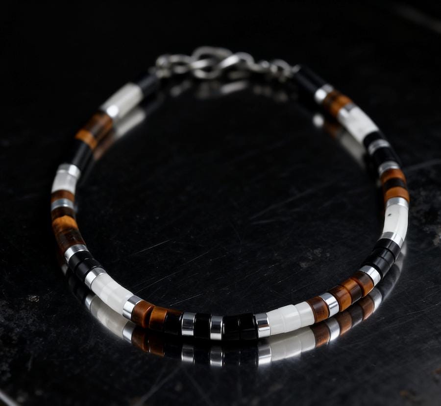 Tiger Eye, Black and White Onyx Dainty Bracelet