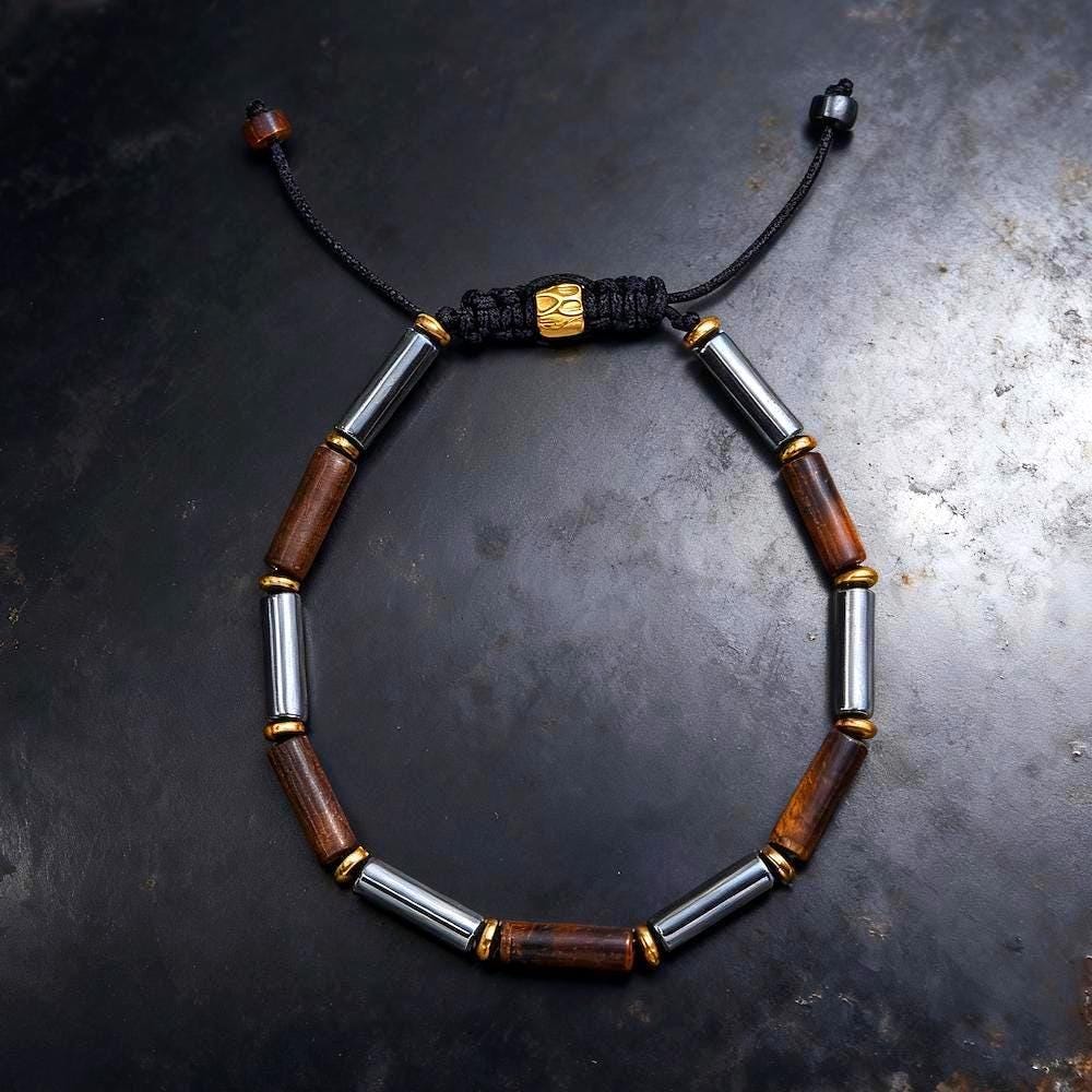 Tiger Eye Hematite Tube Beads Adjustable Braided Bracelet