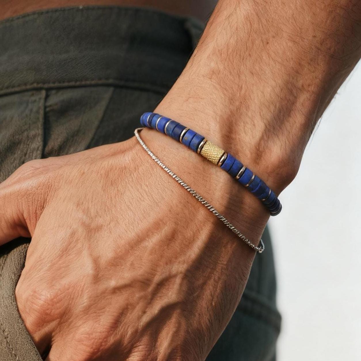 Fortress Cross Lapis Lazuli Gold Plated Stretch Bracelet