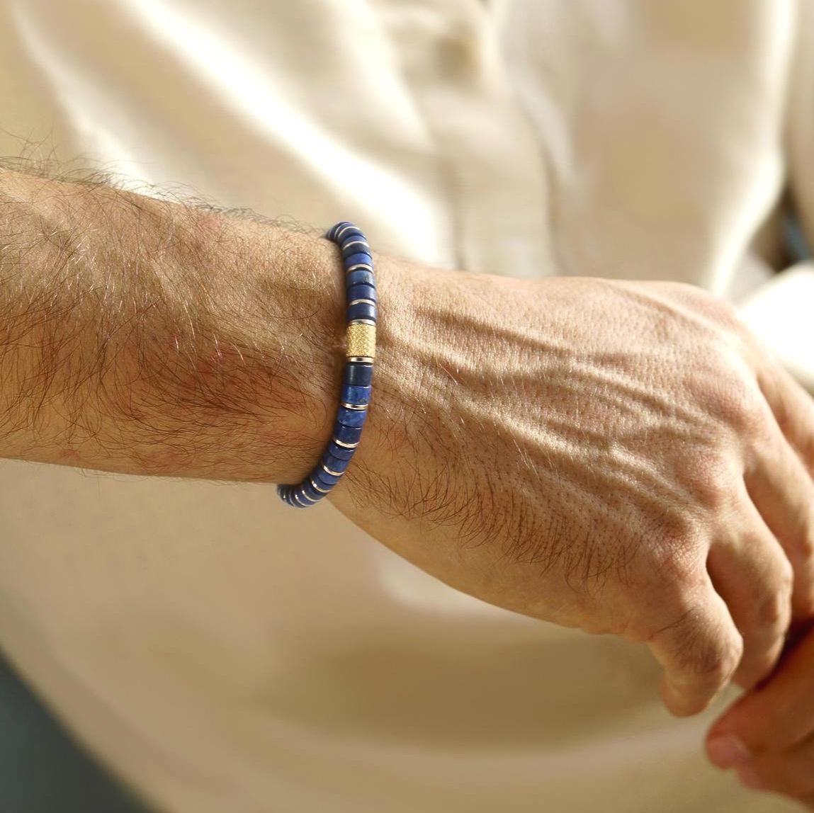 Fortress Cross Lapis Lazuli Gold Plated Stretch Bracelet
