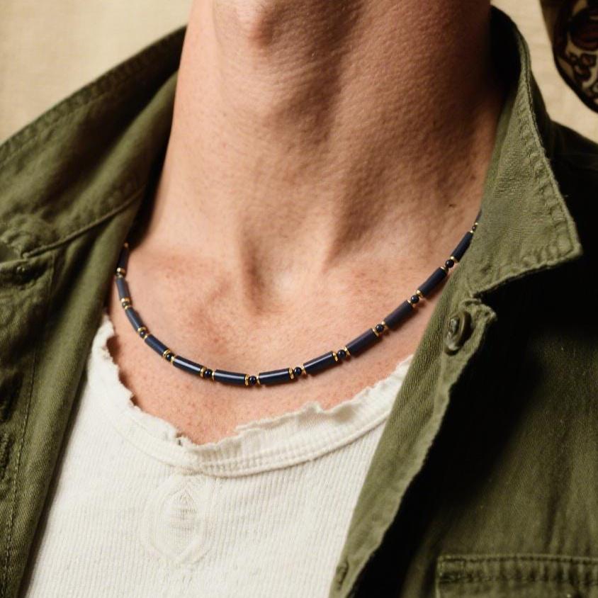 Black Onyx Tube, Tiger's Eye & Gold Plated Hematite Necklace