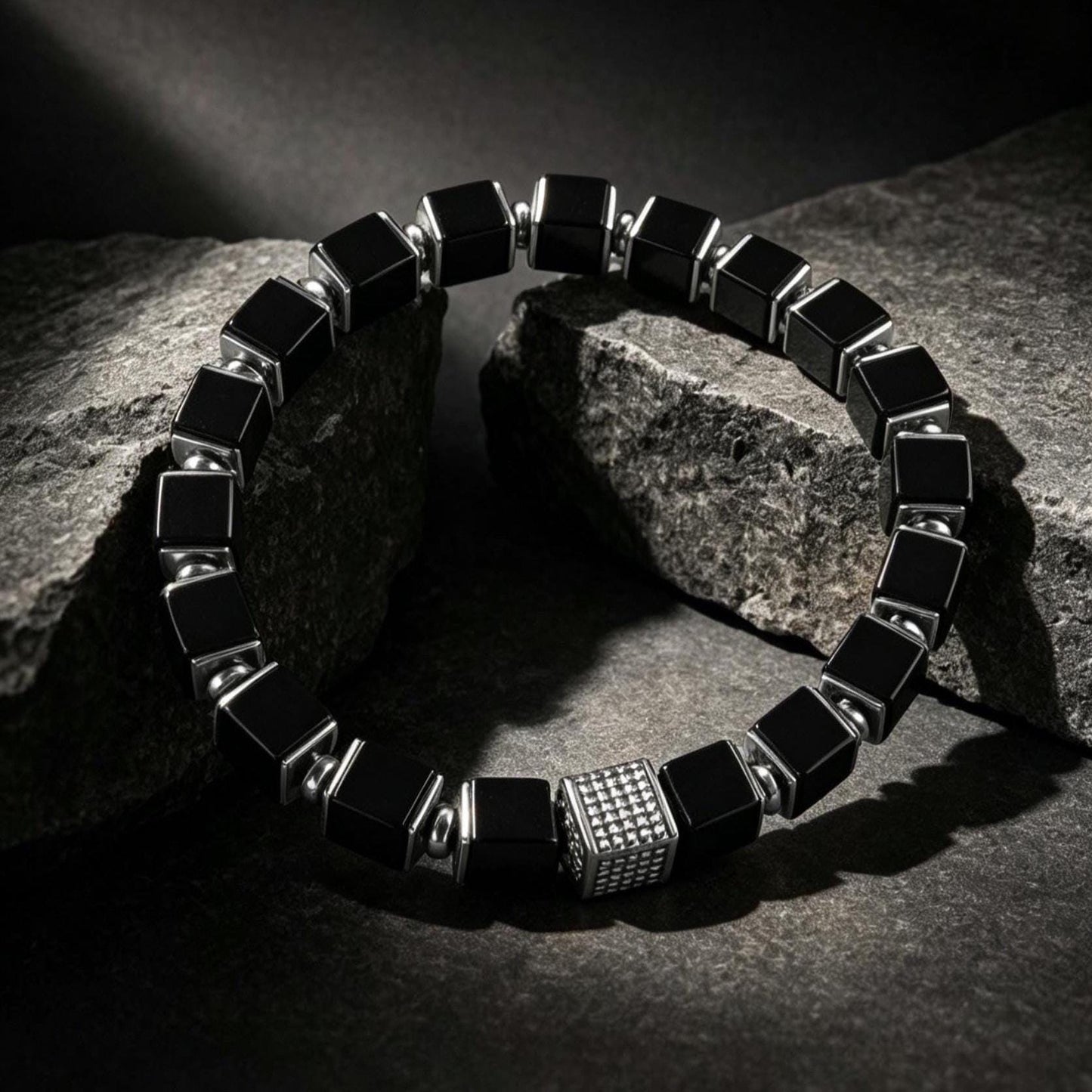 Midnight Armor | Cube-Cut Black Onyx Bracelet | Natural Gemstone Jewelry for Men | Protection, Strength and Confidence | Handmade in USA