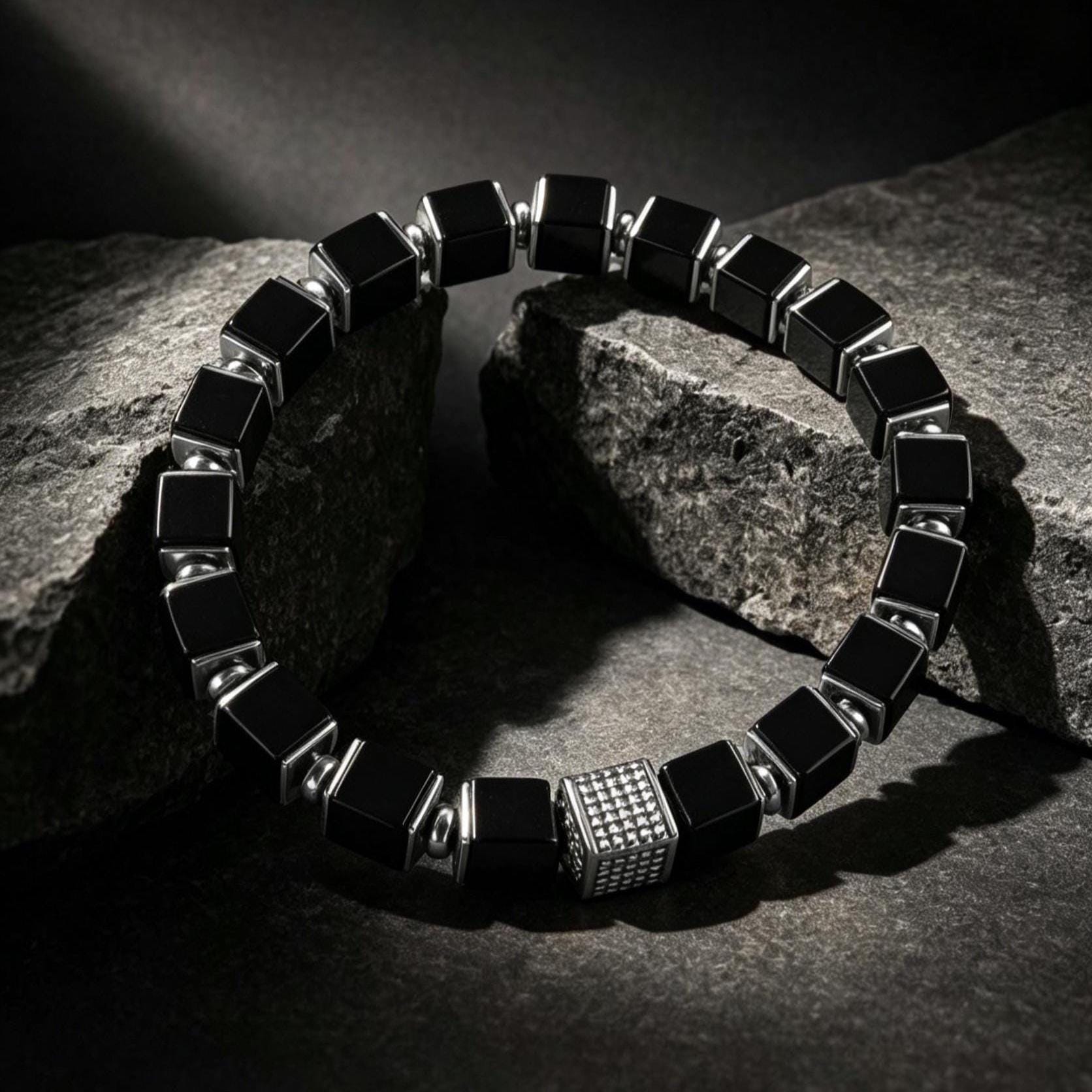 Midnight Armor | Cube-Cut Black Onyx Bracelet | Natural Gemstone Jewelry for Men | Protection, Strength and Confidence | Handmade in USA