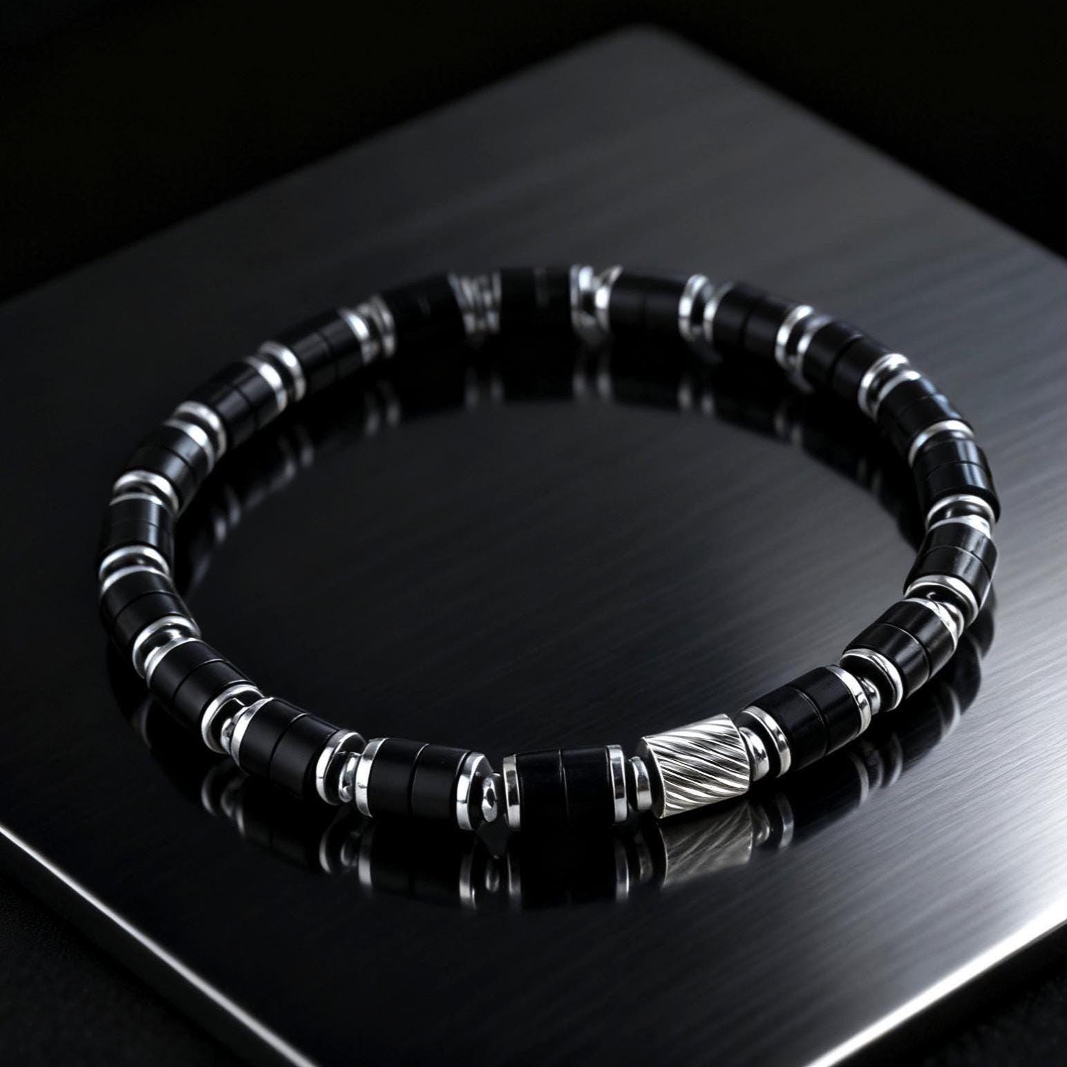 Black Onyx Bracelet 6mm: Silver Plated Spacer, Stainless Steel Accent, for Protection & Grounding, Spiritual Healing Gemstone Gift for Him __etsy:8193574339